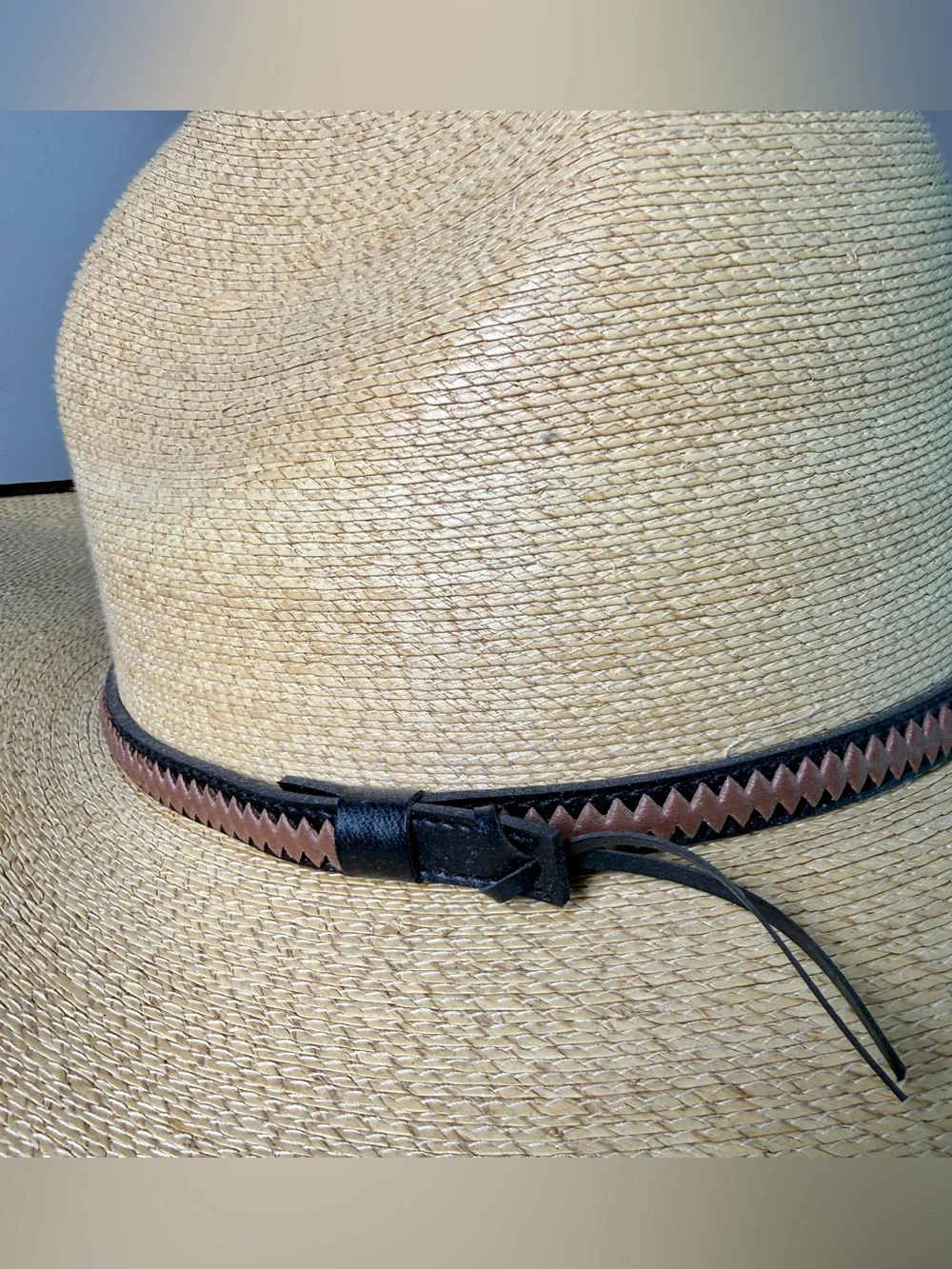 SunBody Hats Palm Leaf Wide Brim Hat Zigzag Leather Band Summer Resort Beach 7